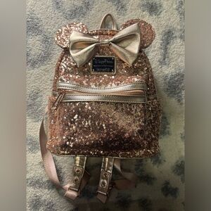Loungefly Disney Minnie Mouse Rose Gold Sequin Mini Backpack Polka Dot Zip